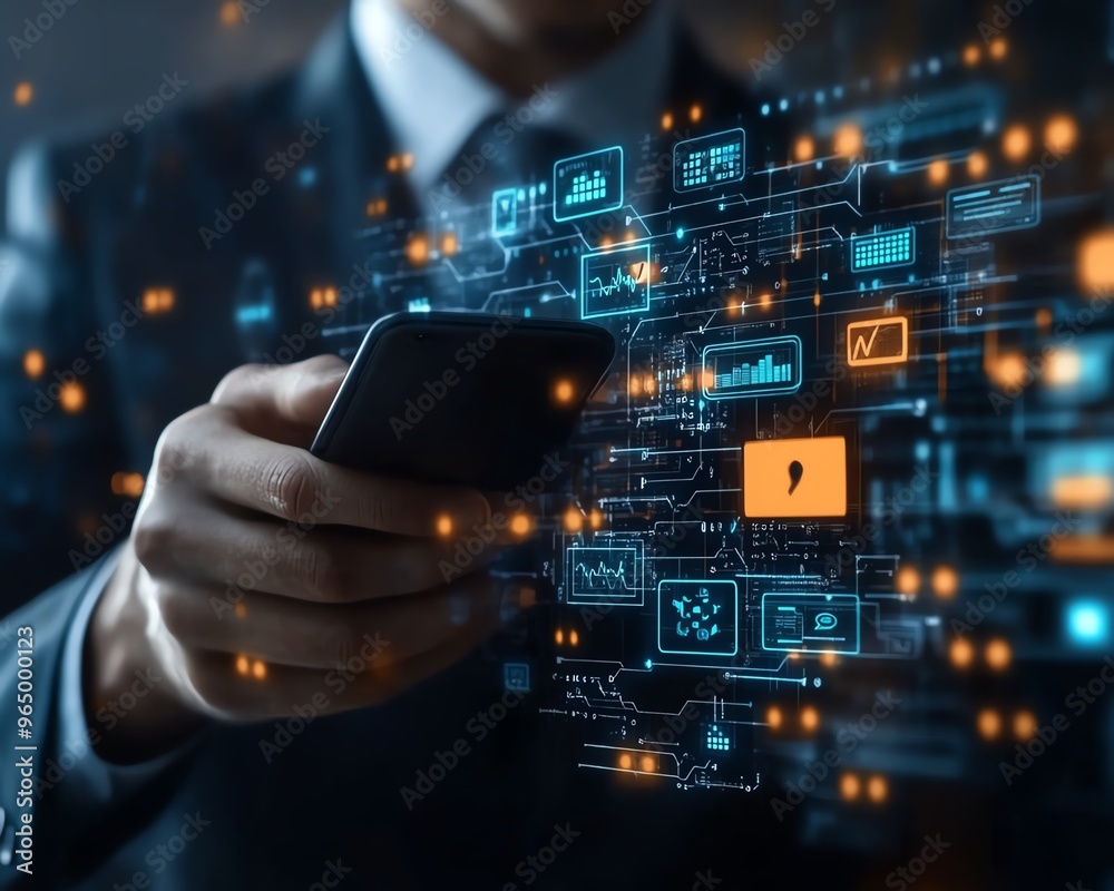 Poster Hightech scene of a businessman utilizing a mobile phone for digital wallet transactions, emphasizing advanced mobile banking and online financial services