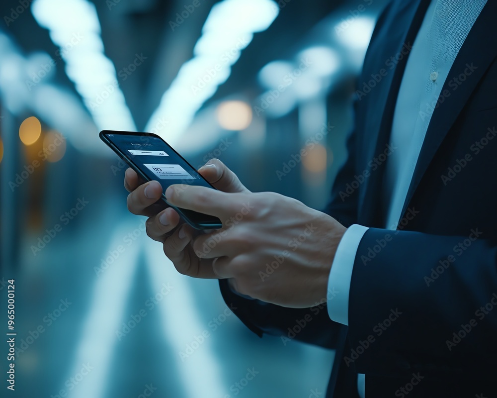Aufkleber hightech scene of a businessman utilizing a mobile phone for digital wallet transactions, emphasizin