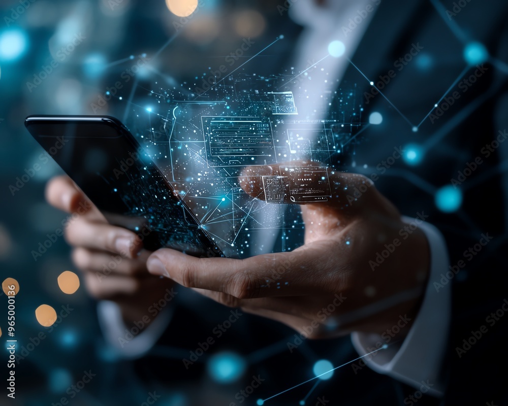 Aufkleber hightech scene of a businessman utilizing a mobile phone for digital wallet transactions, emphasizin