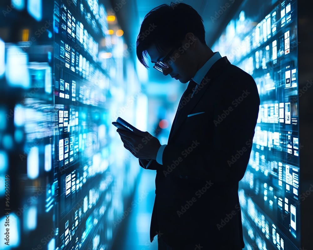 Aufkleber hightech scene of a businessman utilizing a mobile phone for digital wallet transactions, emphasizin