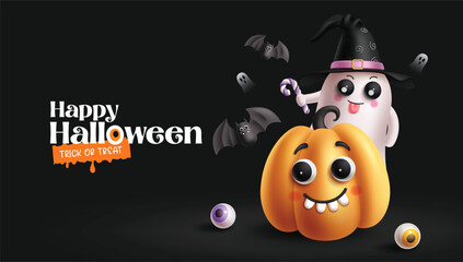 Happy halloween greeting vector design. Trick or treat halloween text with cute pumpkin, funny ghost and flying bat characters in dark black background. Vector illustration holiday creepy design.  
