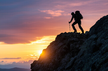 Fototapeta premium Solitary Hiker Ascending a Rocky Mountain Trail with Determination