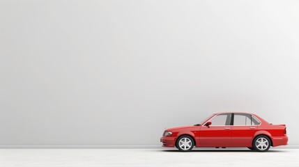Fototapeta premium Red Sedan Car Against Minimalist White Wall - Perfect for Automotive and Advertisement Themes