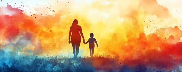 Obraz premium Abstract watercolor illustration of parent and child silhouettes walking away, love concept art, path of righteousness, childhood and parenting