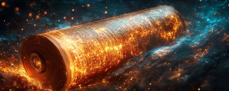 Glowing open scroll with the Bible, Book of Revelation, eschatological and divine, apocalyptic and symbolic, dramatic and cosmic vision