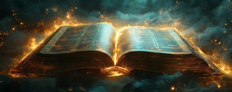 Glowing open scroll with the Bible, Book of Revelation, eschatological and divine, apocalyptic and symbolic, dramatic and cosmic vision