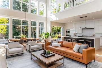 Beautiful living room interior in new luxury home with open concept floor plan. Shows kitchen, dining room, and wall of windows with amazing exterior view.