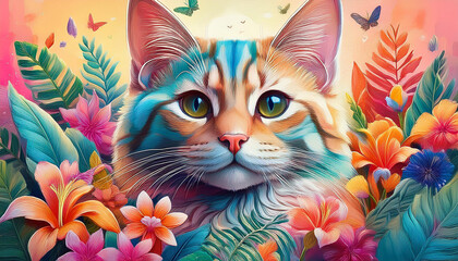 colorful cat with tropical concept wall decoration wall art