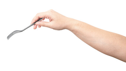 Female hand holding a black plastic fork isolated on white background.