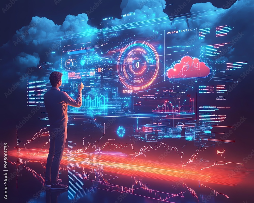 Aufkleber Qadir, male figure, in 3D illustration of big data and cloud computing, analyzing and correcting mistakes in large data sets using remote servers, actionable data concept