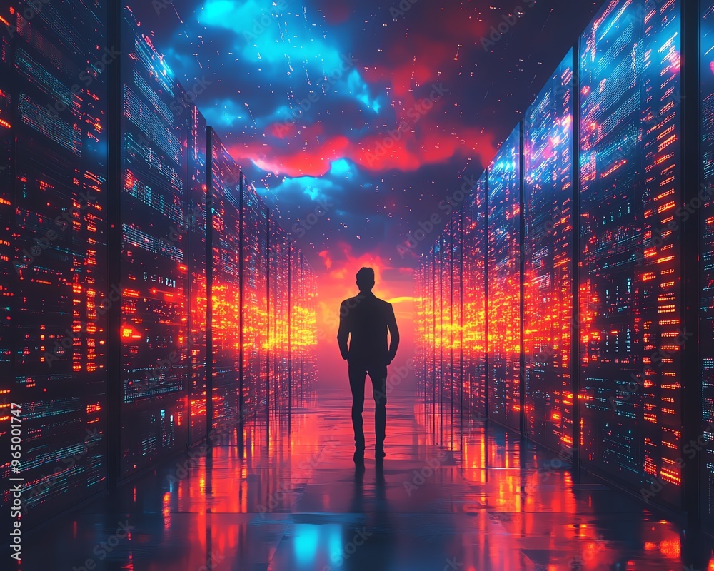 Aufkleber Qadir, male figure, in 3D illustration of big data and cloud computing, analyzing and correcting mistakes in large data sets using remote servers, actionable data concept