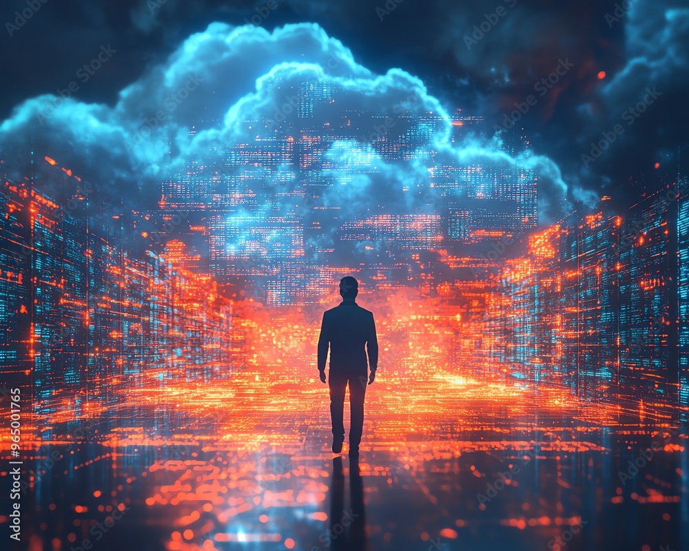 Poster Qadir, male figure, in 3D illustration of big data and cloud computing, analyzing and correcting mistakes in large data sets using remote servers, actionable data concept