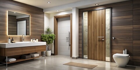 Fototapeta premium Sophisticated bathroom doors in sleek designs and finishes elevate the space's ambiance, presenting a harmonious blend