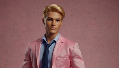 Stylish doll in pink suit with blue tie against a pink background