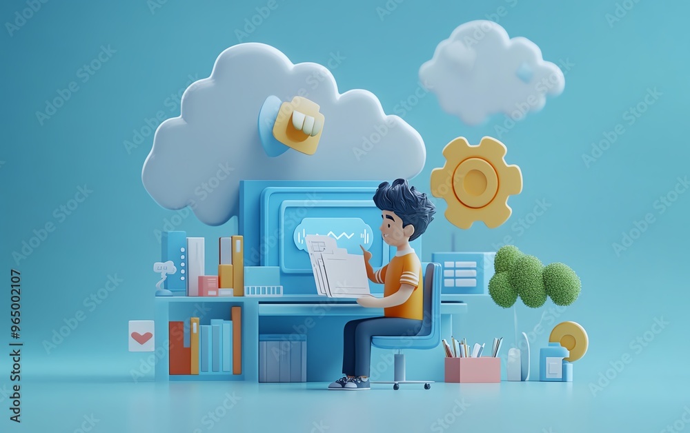 Poster Modern flat design 3D illustration of male user Qadir accessing cloud storage and uploading files, cloud computing concept, data center infrastructure and services
