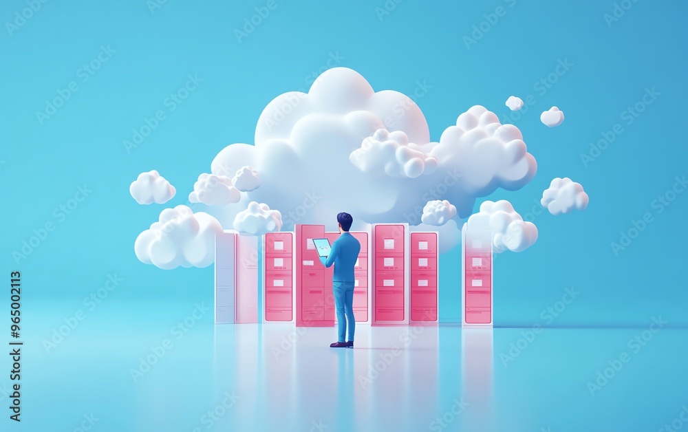 Aufkleber Modern flat design 3D illustration of male user Qadir accessing cloud storage and uploading files, cloud computing concept, data center infrastructure and services