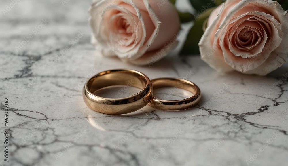 Wall mural close-up of two gold wedding rings beside soft pastel pink roses.