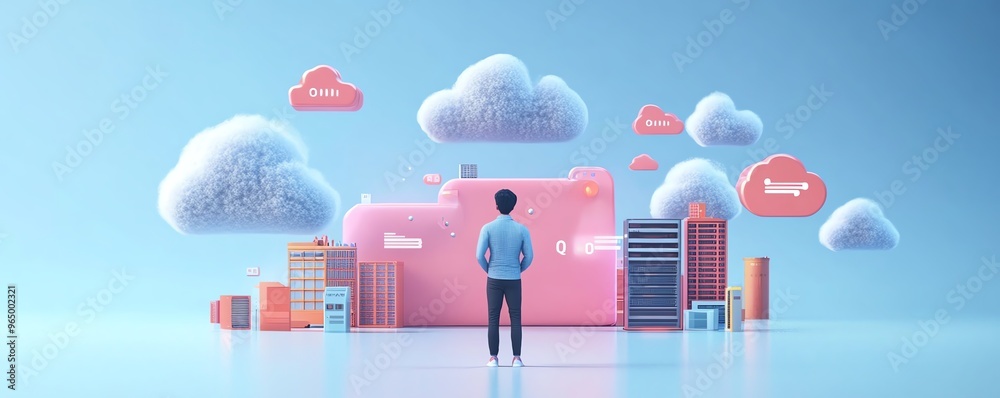 Poster Male user Qadir in 3D illustration, modern flat design cloud computing, accessing cloud storage and uploading files, data center infrastructure and service