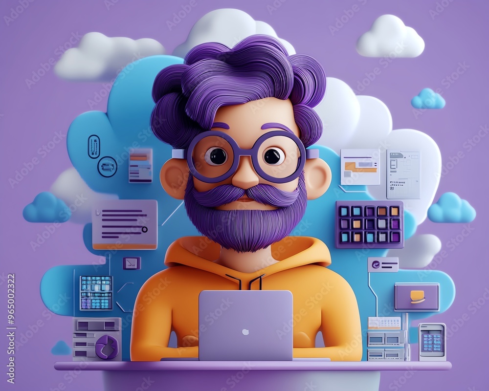 Poster Male user Qadir in 3D illustration, modern flat design cloud computing, accessing cloud storage and uploading files, data center infrastructure and service