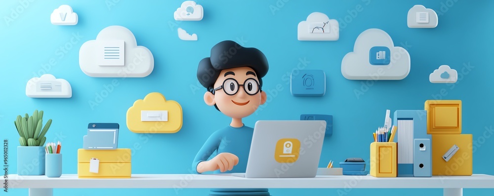 Poster Male user Qadir in 3D illustration, modern flat design cloud computing, accessing cloud storage and uploading files, data center infrastructure and service