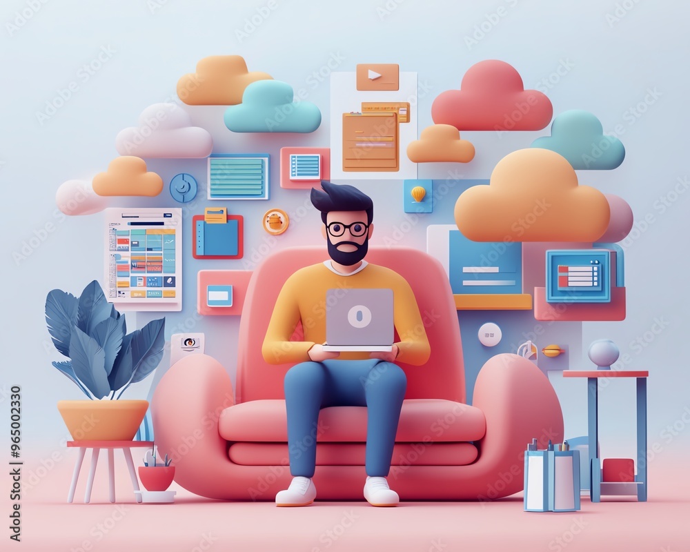 Poster Male user Qadir in 3D illustration, modern flat design cloud computing, accessing cloud storage and uploading files, data center infrastructure and service