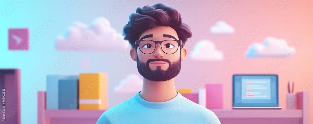 Poster Male user Qadir in 3D illustration, modern flat design cloud computing, accessing cloud storage and uploading files, data center infrastructure and service