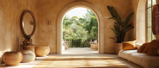 Fototapeta premium Mediterranean Boho entryway in modern home, hall with arched walls, eclectic decor, warm and inviting tones, stylish and relaxed ambiance