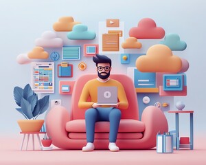 Obraz premium Male user Qadir in 3D illustration, modern flat design cloud computing, accessing cloud storage and uploading files, data center infrastructure and service