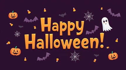 Happy Halloween Festive Typography with Spooky Elements on Purple Background