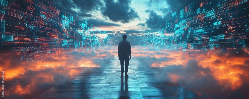 Poster Male figure Qadir in 3D illustration, big data and cloud computing, using remote servers to analyze large data sets and identify errors, actionable data concept