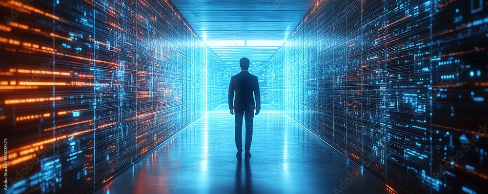Aufkleber male figure qadir in 3d illustration, big data and cloud computing, using remote servers to analyze 