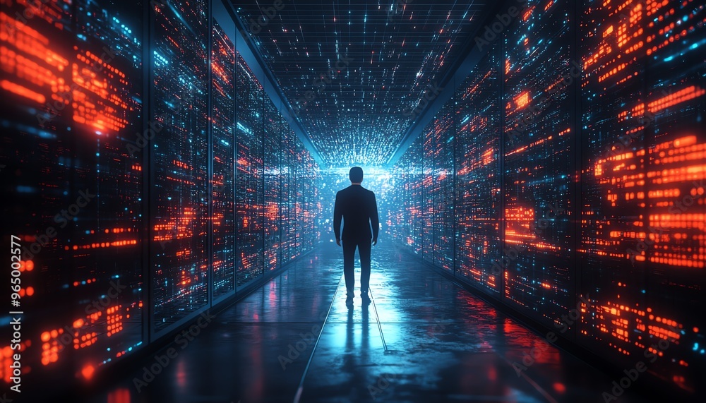 Poster Male figure Qadir in 3D illustration, using remote servers for big data and cloud computing, analyzing and recognizing errors in large data sets, actionable data concept