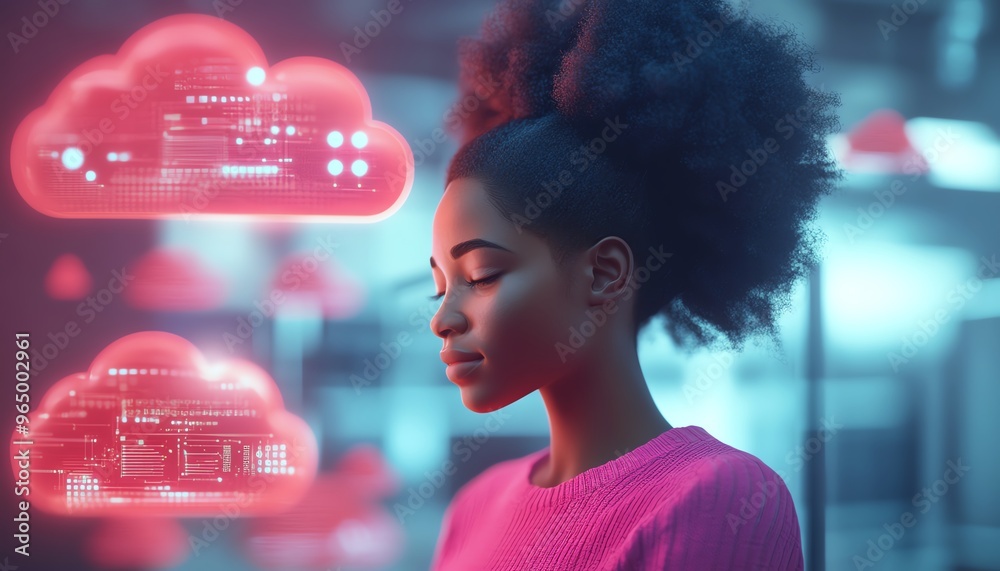 Aufkleber cloud computing concept set with 3d illustration of african american woman coco, using cloud service