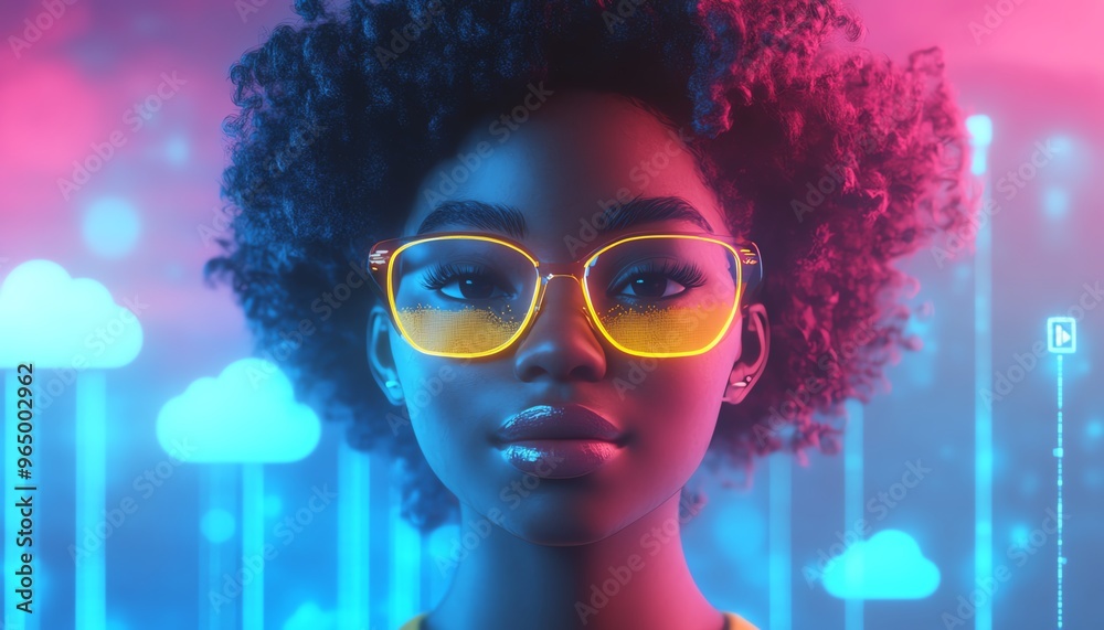 Poster cloud computing concept set with 3d illustration of african american woman coco, using cloud service