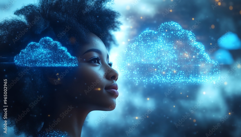 Aufkleber cloud computing concept set with 3d illustration of african american woman coco, using cloud service