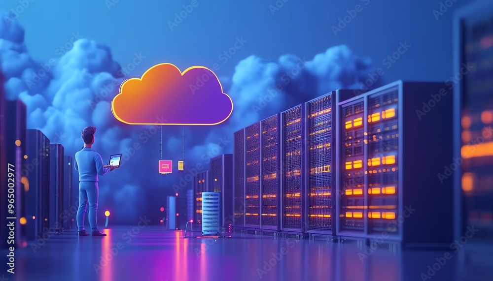 Poster Cloud computing concept in modern flat design, 3D illustration of male figure Qadir accessing cloud storage and uploading data, data center infrastructure and service