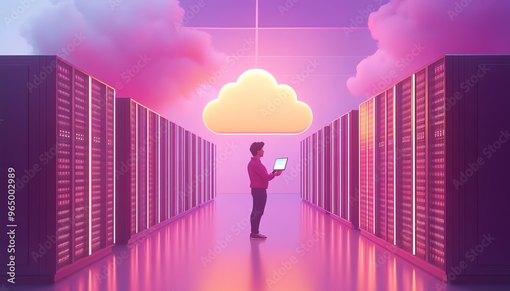 Poster Cloud computing concept in modern flat design, 3D illustration of male figure Qadir accessing cloud storage and uploading data, data center infrastructure and service