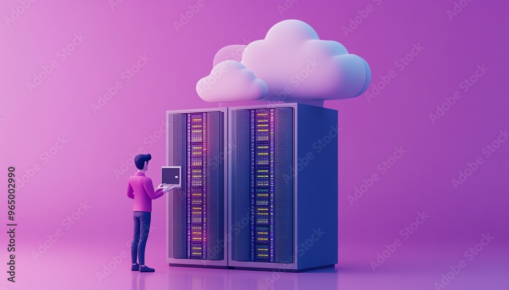 Poster Cloud computing concept in modern flat design, 3D illustration of male figure Qadir accessing cloud storage and uploading data, data center infrastructure and service
