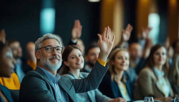 Diverse business group raising hands at teambuilding conference, collaborative and dynamic environment, modern conference setting, enthusiastic and engaged professionals