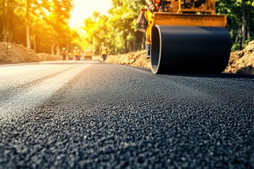 Road roller compacting asphalt on a freshly paved road