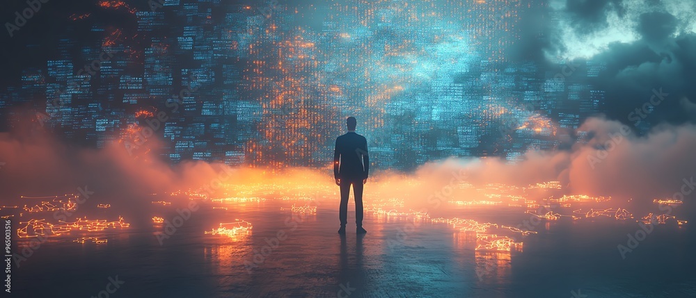Poster Big Data and Cloud Computing set with 3D illustration of Qadir, male figure, analyzing large data sets on remote servers, identifying mistakes, actionable data concept