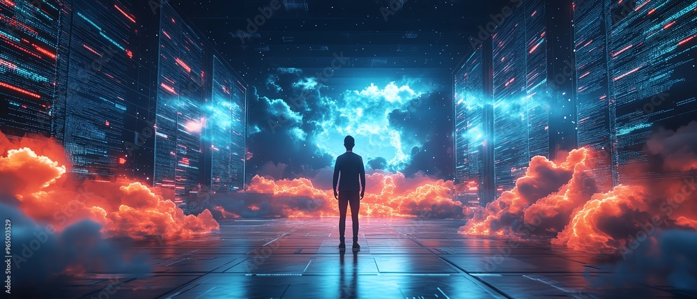 Leinwandbilder big data and cloud computing set with 3d illustration of qadir, male figure, analyzing large data se