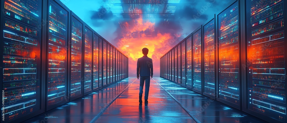 Poster Big Data and Cloud Computing set with 3D illustration of Qadir, male figure, analyzing large data sets on remote servers, identifying mistakes, actionable data concept