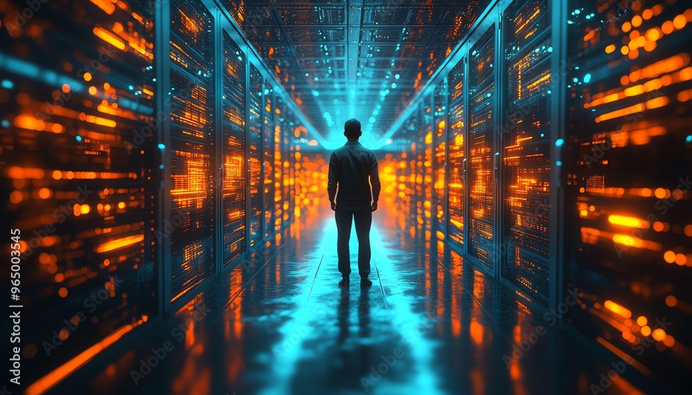 Aufkleber Big Data and Cloud Computing set, 3D illustration of male figure Qadir, analyzing data on remote servers, identifying and correcting mistakes, actionable data concept
