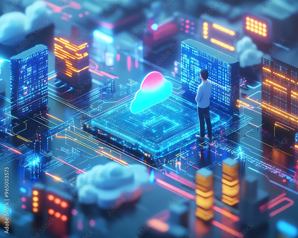Leinwandbilder big data and cloud computing 3d illustration, male figure qadir using remote servers to analyze larg
