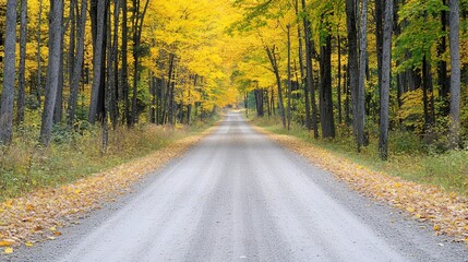 Fototapeta premium Autumn scene featuring colorful leaves on a road winding through a forest, with majestic mountains in the background. This image captures the essence of fall with vibrant foliage