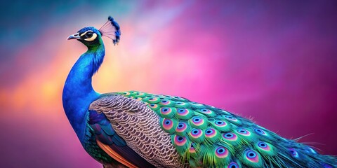 vibrant, attention-grabbing, bird, blue, feathers, A stock photo featuring a majestic blue and rainbow peacock strutting upright on a vibrant pink background captured in a long shot view