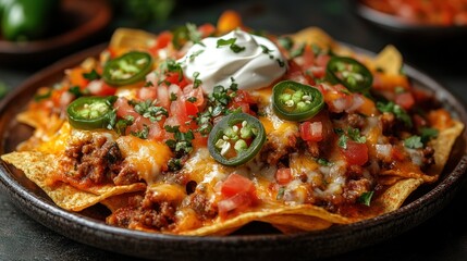 Delicious Loaded Nachos with Ground Beef, Cheese, Tomatoes, and Sour Cream