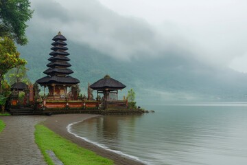 Ulun Danu Beratan temple at the edge of Lake Bratan, Bali, Indonesia , ai
