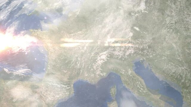 Earth zoom in from space and focus on Thonon les Bains, France. Background for travel intro or blog. Satellite view. 3D style Animation. Images from NASA.